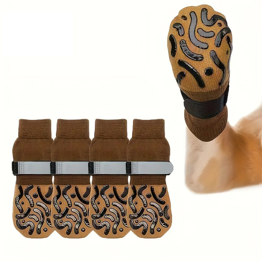 4-Pack Non-Slip Dog Socks Prevent Licking Biting Hard Wooden Floors Strong Grip Paw Protection Anti-Scratch Double-Sided
