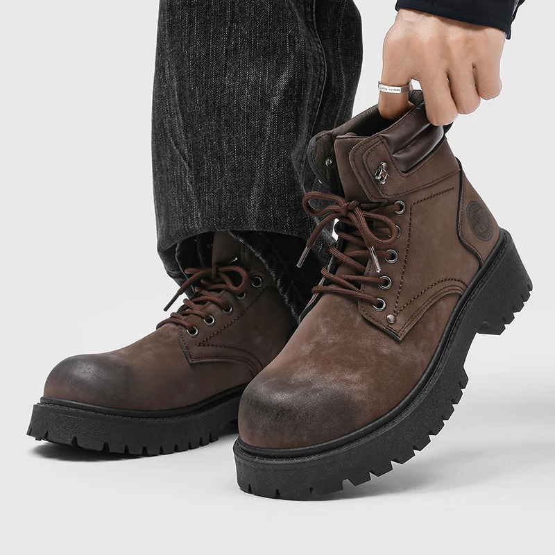 Men's  Boots High Top Thick Bottom Heightening Retro Workwear Casual Trendy Shoes British Style round Toe Rubber Outsole - 3