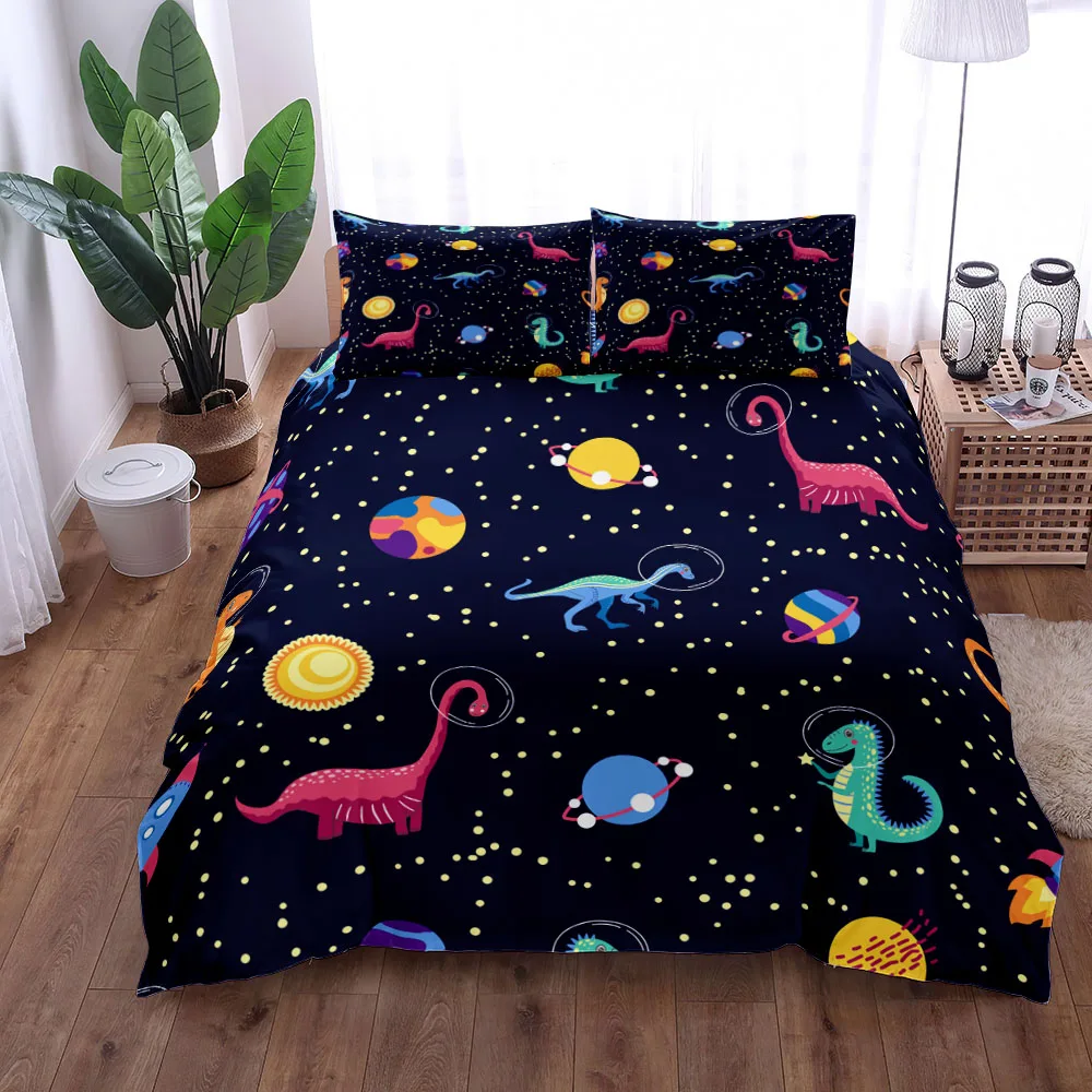 Dinosaur Space Night Duvet Cover Set King Queen Double Full Twin Single Size Navy Bed Linen Set 2
