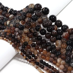 Natural Stone Round Beads - Tiger Eye, Amethyst, Agate, Jade for Jewelry Making & DIY Projects (Deep Brown Agate)