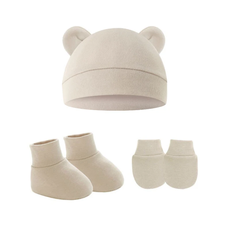 3Pcs Newborn Baby Hat Socks Gloves Set Cute Baby Boy Girl Cap With Ears Solid Color Infant Beanie 1