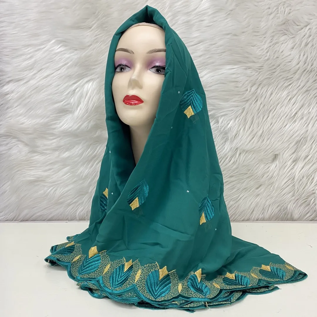 Different pattern Nigerian Gele Headtie With Stones 2023 High Quality African Embroidery Chiffon Head Scarf 2yards/1set