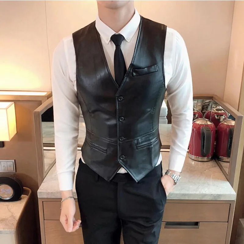 2022 Leather Vest Men New Fashion Casual High Quality Solid Color Single Breasted Slim Large Size Business Vest Waistcoat S-5XL 3