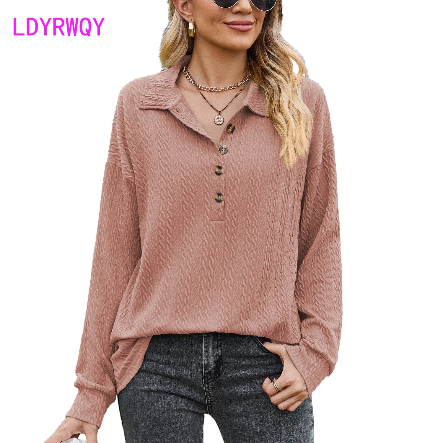 Autumn and Winter New Solid Polo Button Loose Long Sleeve Sweater Coat for Women
