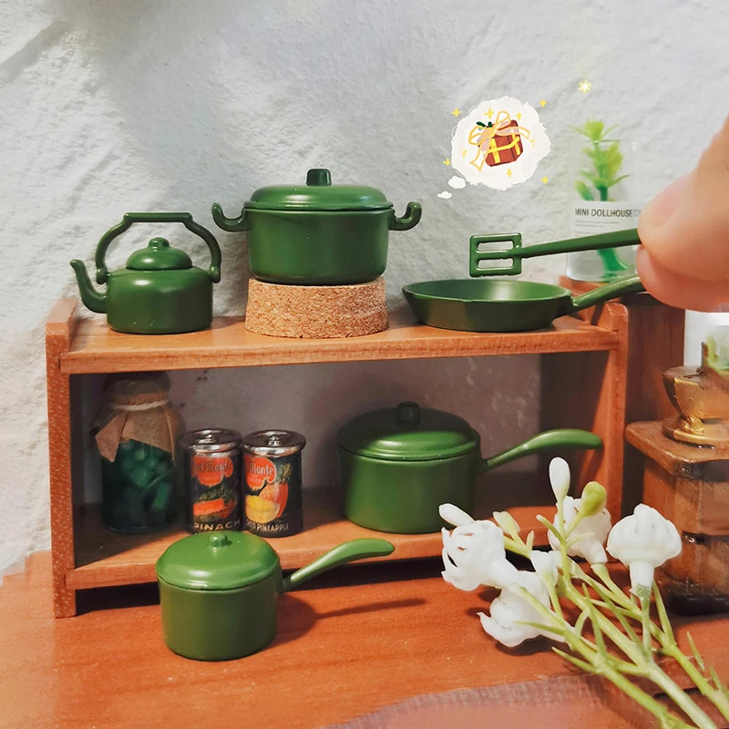 Miniature Dollhouse Cookware Pot Set with Kitchen Utensils - 11-Piece Decorative Micro Scene Props Gift Set
