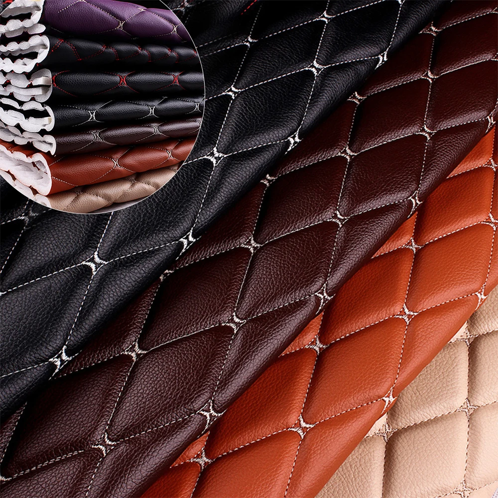 100*155cm Faux Leather Fabric Foam Sponge Quilted Embroidered Fabric Synthetic Diamond For Sofa Upholstery Auto Headliner