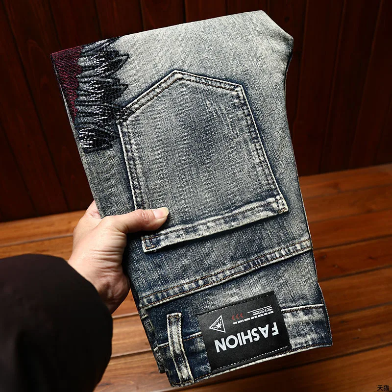 Indian embroidered jeans men's stretch fashion high-end men's slim fit ankle-tied trendy scratch street casual pants
