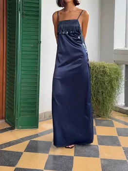 Summer New Women's Solid One-piece Robe French Style Tassel Sequins Big Backless Dress Elegant Halter Sleeveless Slim Maxi Dress 1