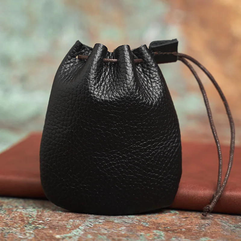 Vintage Leather Coin Purse | Unisex Small Wallet with Drawstring Closure