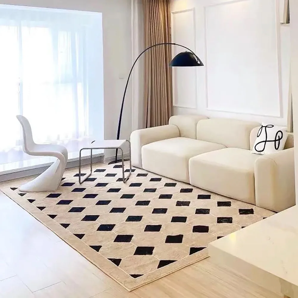 Alfombra IG-Tapis de salon beige minimaliste, grande surface, confortable  et doux, chambre à coucher, plaid rayé lea - AliExpress