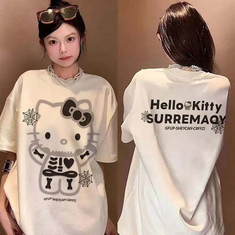 

Kawaii Sanrio аниме с коротким рукавом милый Hello Kitty мультфильм мягкая искусственная кожа и похудение на лето футболка подарки для девушек