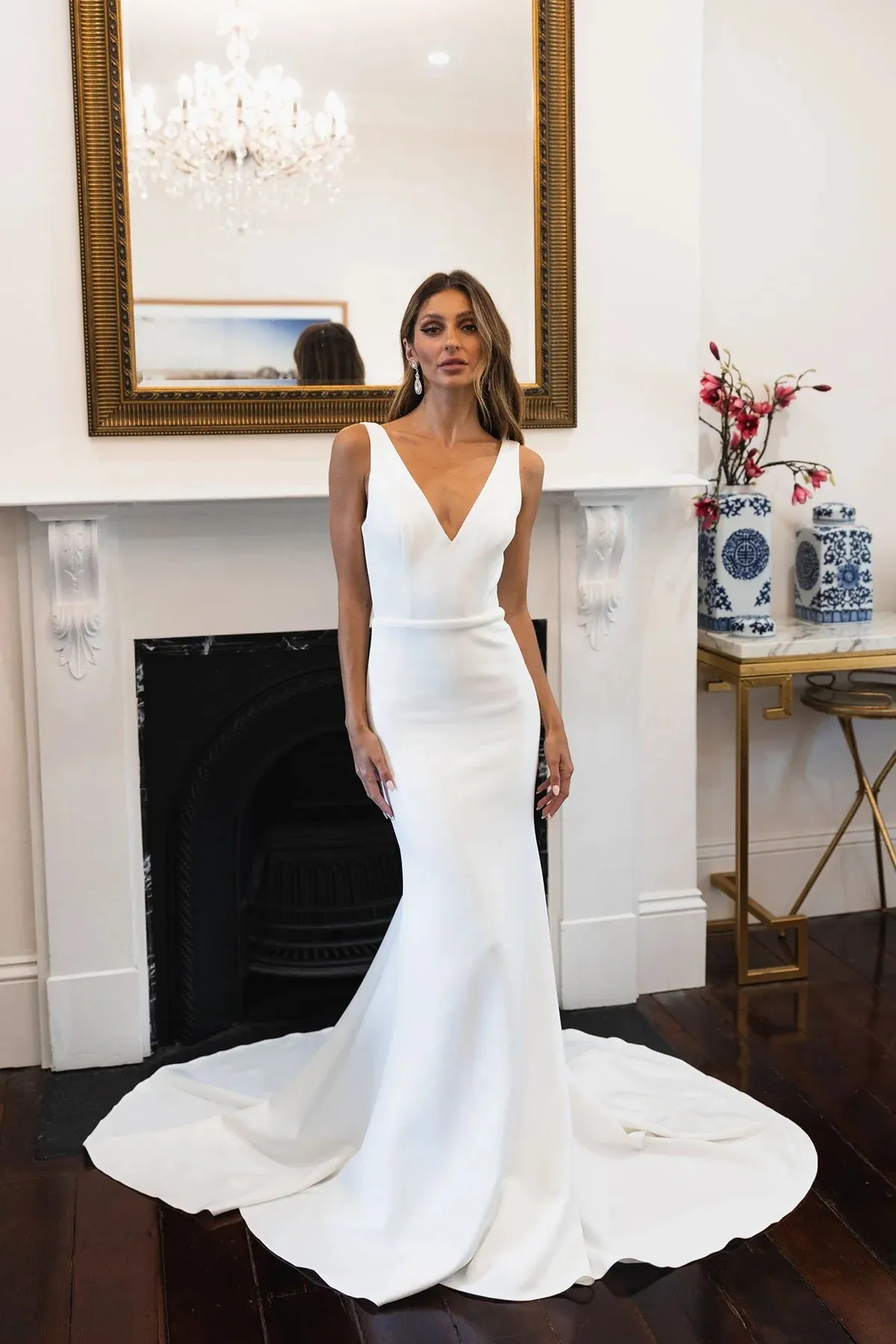 Civil Mermaid Wedding Dress Women Simple Brides Wedding Wear V-Neck Backless Long Train Bridal Gown Bride Dress Customized 5