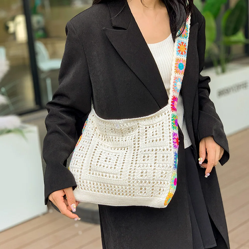 Knitted Shoulder Bag Women Crochet Tote Bag Weaving Crossbody Messenger Bag Female Knit Woven Handbag Purse Bohemian Travel Bag