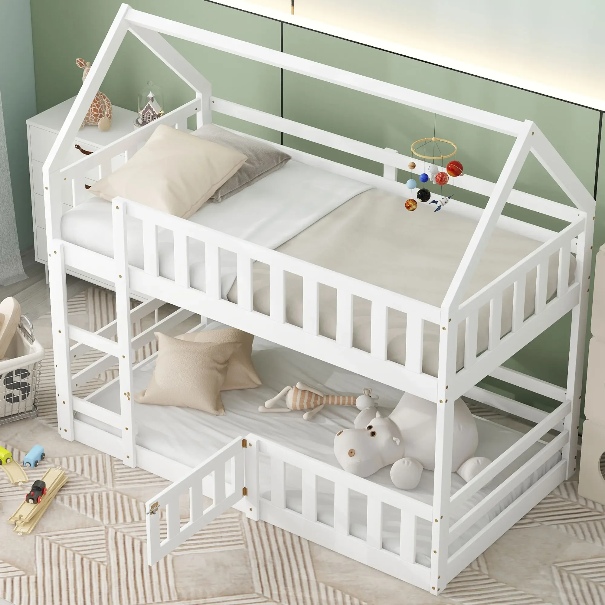 

Twin over Twin House Bunk Bed with Fence and Door, White