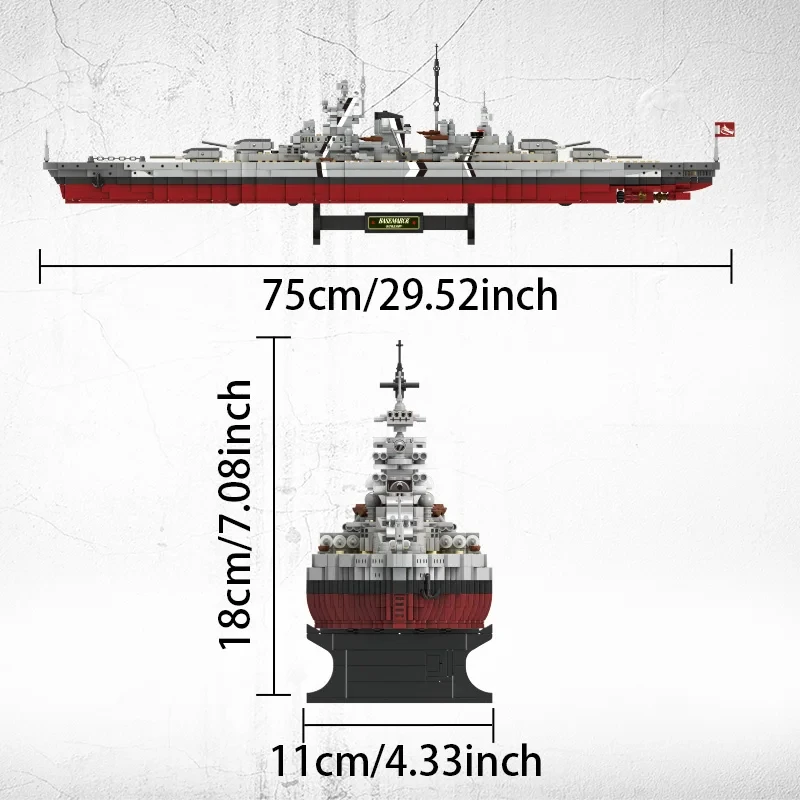 2081pcs Military WW2 Bismarck Battleship Large Boat Cruiser Model Weapon Building Blocks MOC Warship Set Toys for Children Gifts 6