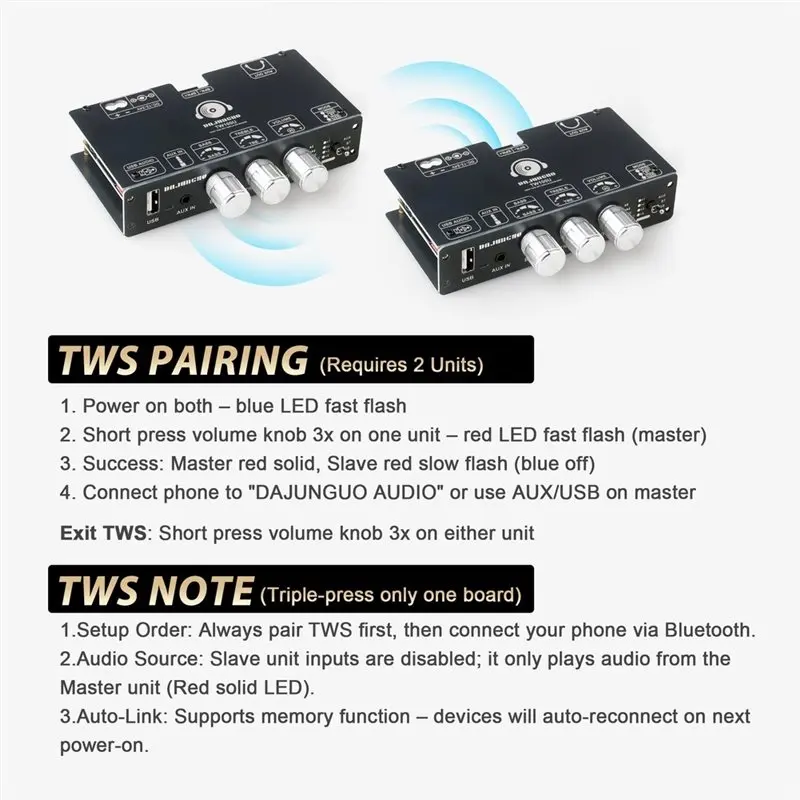 FULL-TW100U 100W 모노 앰프 보드, TPA3116D2 디지털 파워 앰프 모듈, TWS-무선 페어링, 블루투스 5.3, AUX 지원