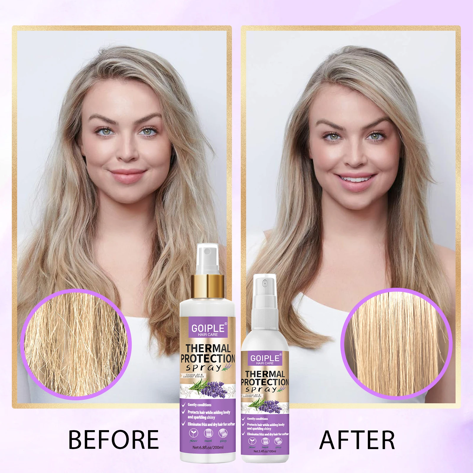 Hair Protection Spray GOIPLE Lavender Extract Heat Thermal Protection Spray Shine Moisturize Split Ends Protect Hair Damage for Natural Hair and Wigs