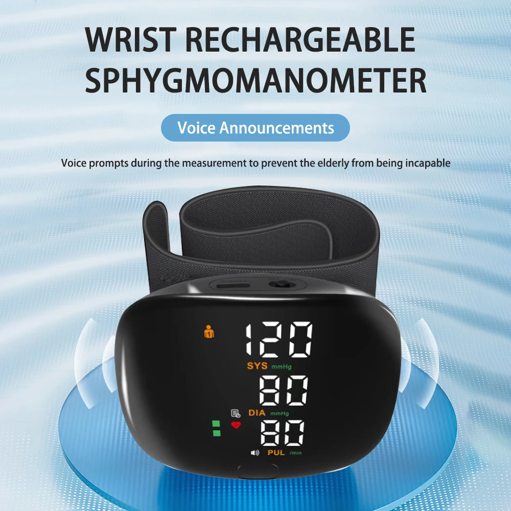 Touch LCD Screen Digital Wrist Blood Pressure Monitor Smart Voice Chargeable Automatic Tonometer Heart Rate Sphygmomanometer