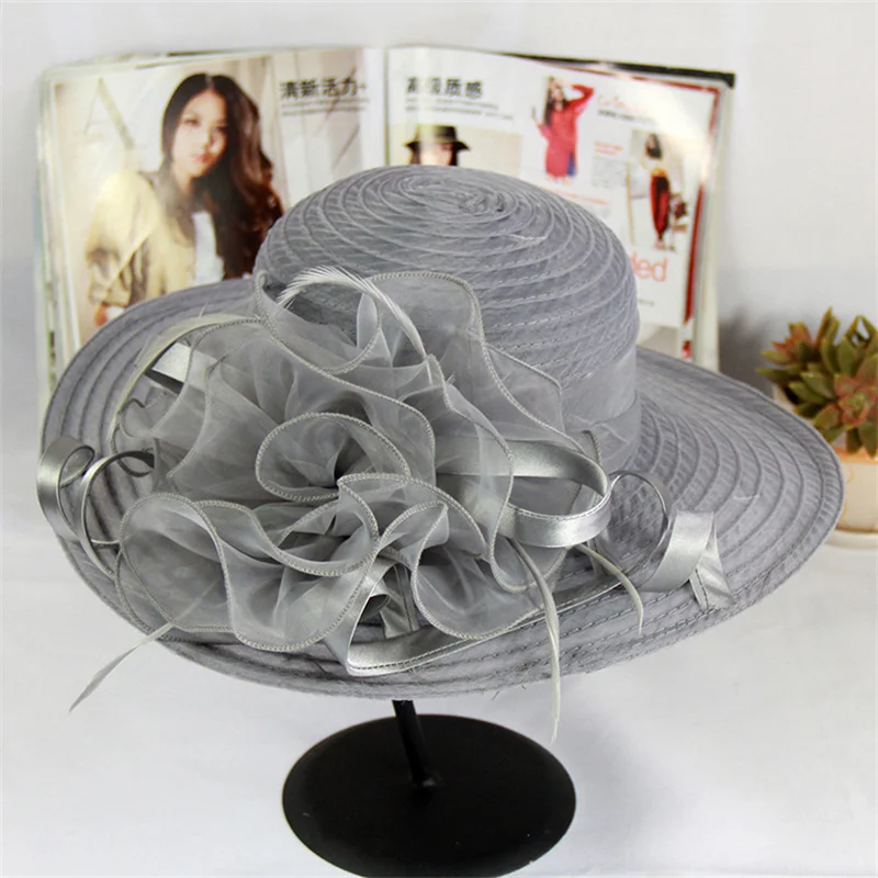 Naimo Donne Organza Chiesa Kentucky Cappelli Derby Fascinator Cappello Elegante Fiocco Largo Tesa Cappello Da Sposa Tea Festa Matrimonio, Blu mare, Taglia unica