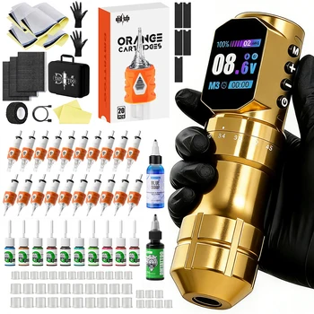 Kit Macchina per Tatuaggi Professionale con Corsa Regolabile, Motore Senza Spazzole Wireless, Penna per Tatuaggi con Sapone Blu e Inchiostro per Tatuaggi