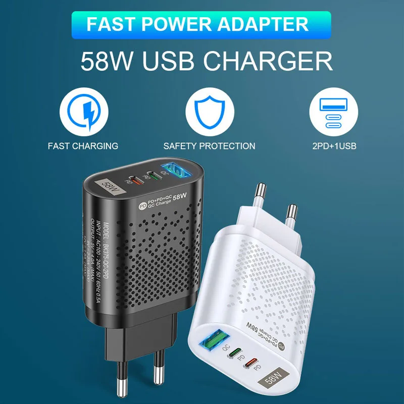 58W Dual USB C Wall Charger USB  Fast Charging 3 Ports for iPhone 15 Xiaomi 13 Huawei Samsung Mobile Phone Adapter