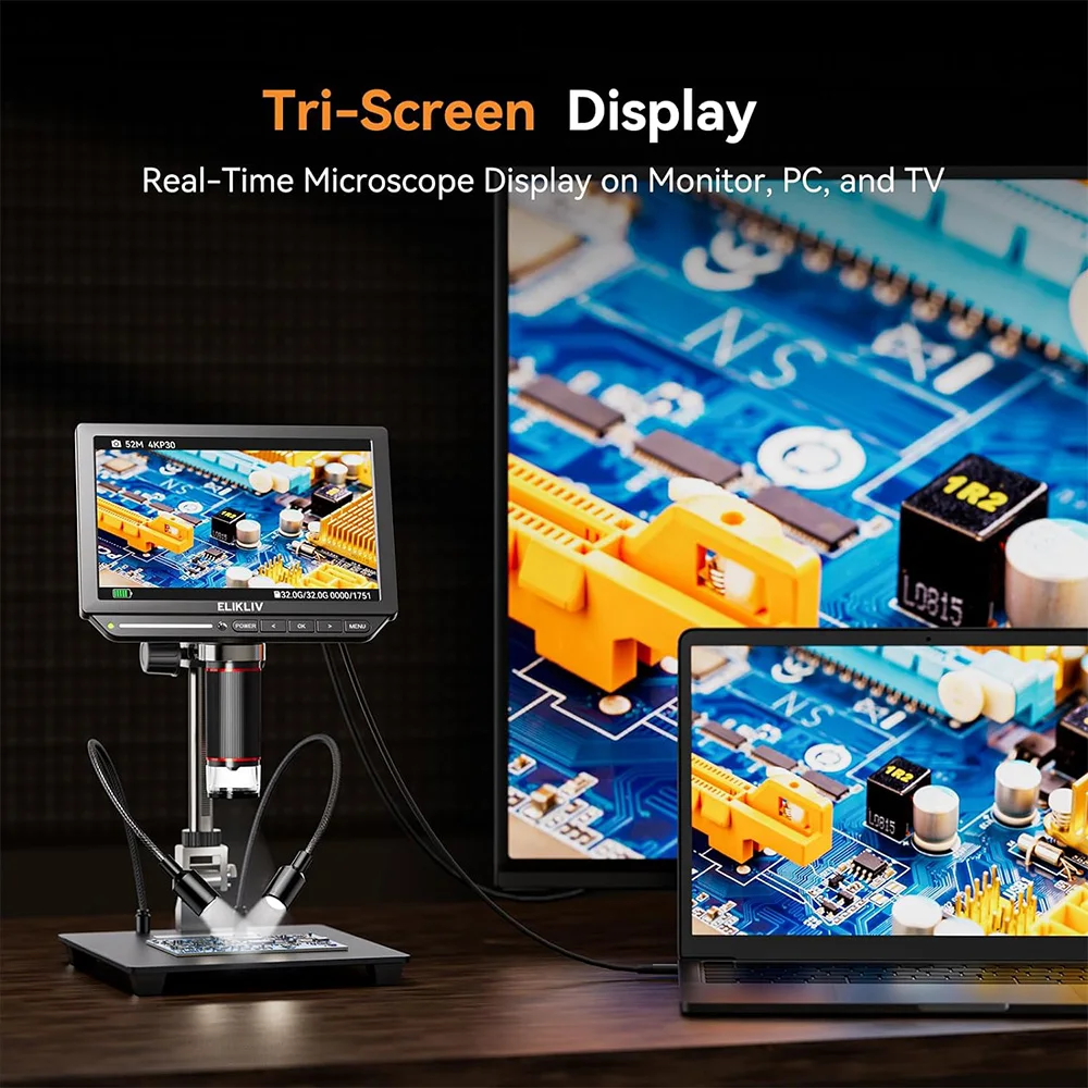 Elikliv EM4K 4K HDMI Digital Microscope for Electronics 8" 2000X Soldering Microscope for PCB Inspection Repair with 10" Stand 5