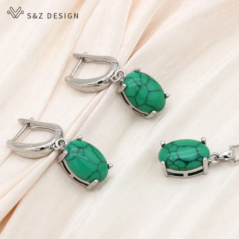 S&Z DESIGN New Turquoises Oval Egg Shape 585 Rose Gold Color Dangle Earrings Jewelry Sets For Women Fashion Pendant Necklace