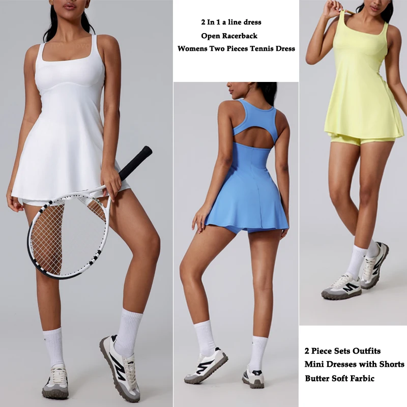 Womens Tennis Dress Square Neck Sleeveless Athletic Dress Open Racerback Workout Golf Dresses for Women with Shorts Pockets 2pcs