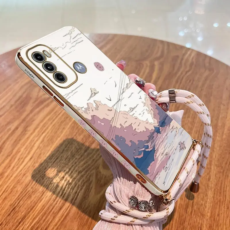 

Painted Sunset Hills Lanyard Plating Phone Case For Motorola Moto G60 G50 G42 G52 G53 G30 G22 E20 Plus G9 Play G8 Power Cover