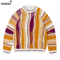 Vintage Men's Contrast Color Bitter Melon Pattern Knitwear Sweater Fashion Striped Jacquard Pullover Round Neck Sweater Male 2