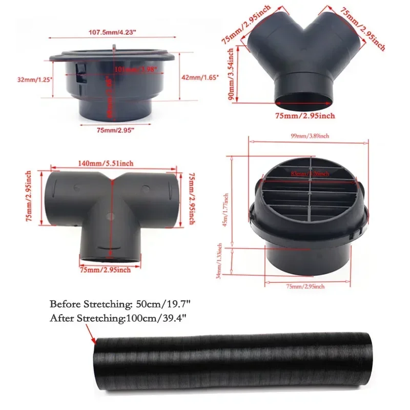Condotto Tubo Riscaldatore Da 2 Pezzi 75 Mm Con Uscita Aria Calda + Ramo A Y Per Webasto Eberspacher 89486242