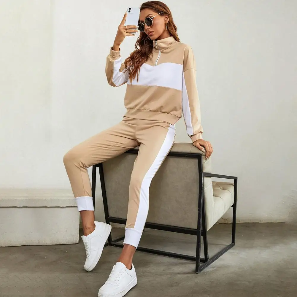 

Lapel Zipper Neckline Elastic Waistband Sweatshirt Pants Set Women Autumn Color Matching Sweatshirt Sport Trousers Matching Suit