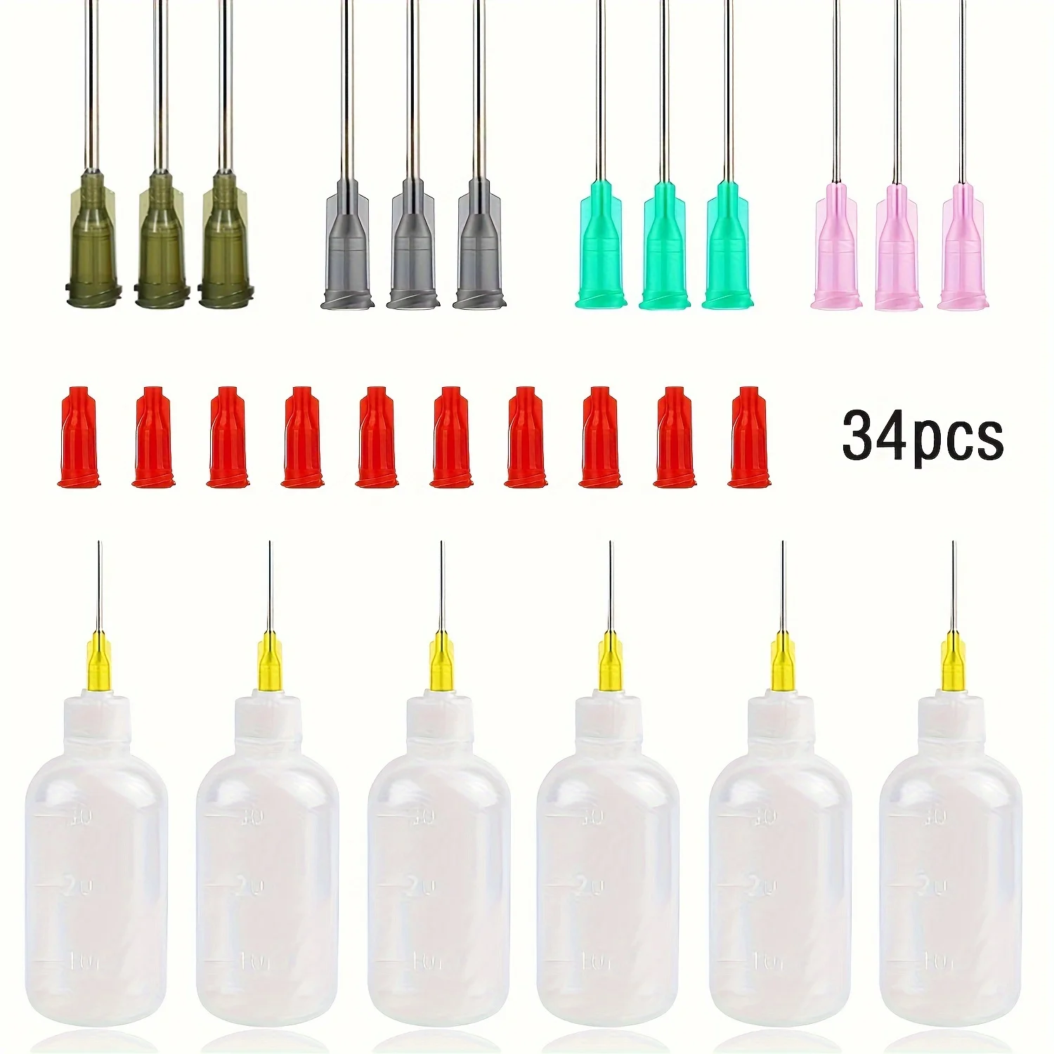 34 Pcs Glue Applicator Bottles Set 30ml Plastic Squeezable Dropper Bottles Blunt Needle Tip 14ga 16ga 18ga 20ga
