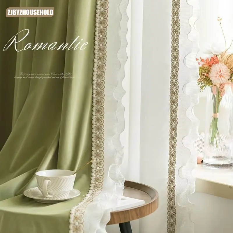 

French Chambray Curtains Blackout Ins Wind Velvet Matcha Curtains for Living Dining Room Bedroom Light Luxury High Sense Velvet