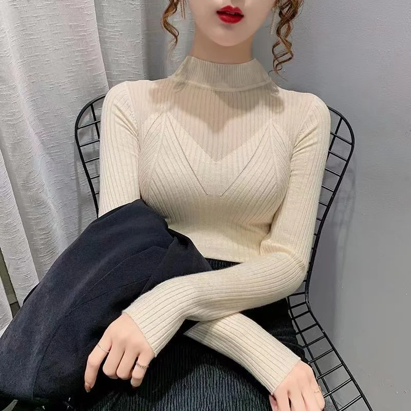 

Half Turtleneck Pullover Sweater Women's Autumn And Winter New 2022 Fashion Lace Mesh Hollow Stitching Long-sleeved Knitted Top