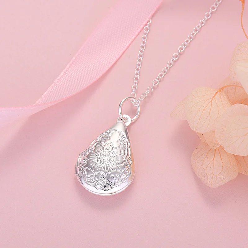 

New 925 Sterling Silver water drop photo frame pendant Necklace For Women fine Fashion Wedding Party Jewelry gifts