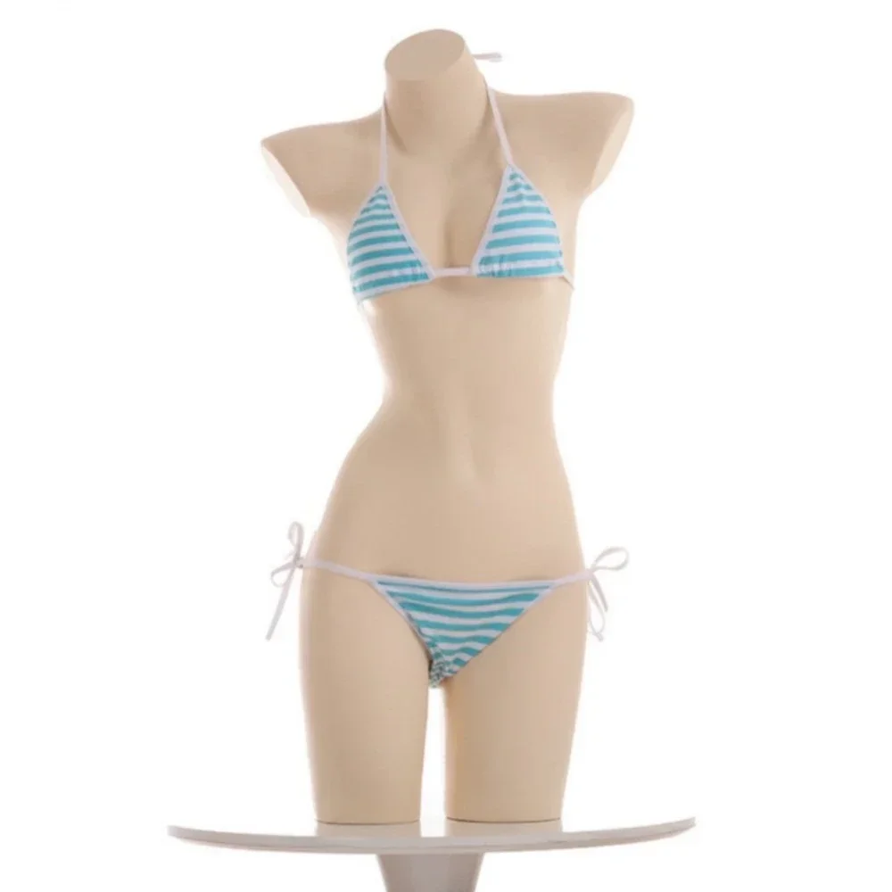 Erotic Lingerie Women Bikini Set Sexy Costumes Lolita Kawaii Blue Pink White Striped Mini Bikini Japanese Sexy Lingerie Adult Toy Erotic Cosplay