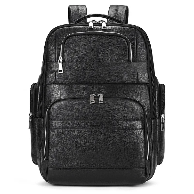 Business Men Real Cow Leather Big Rucksack 17 inch Laptop Backpack Travel Shoulder Bag Hidden USB Interface Bags Boys Schoolbag