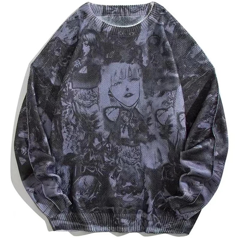 

Men's Winter Anime Sweater Knitted Long Sleeve 0-Neck Pullovers Vintage Jacquard Cartoon Pattern Cute Y2k Street Wear Clothing