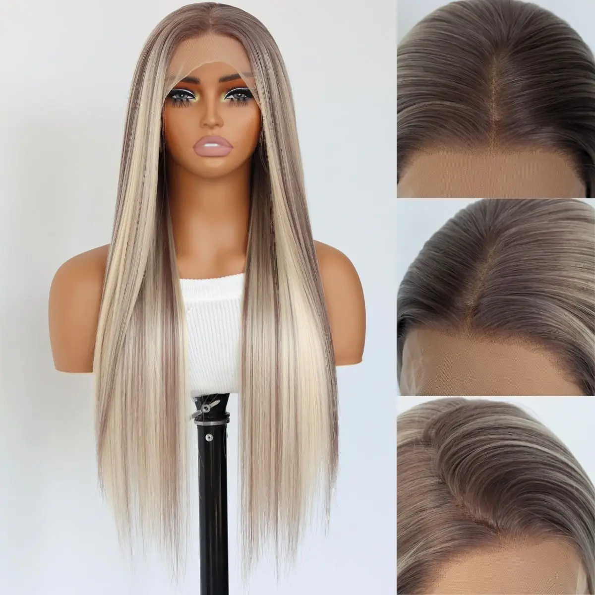 Highlight Ash Blonde Lace Front Wig Straight Ombre Brown Mixed Blonde 13x4 Synthetic Lace Front Wigs for Women 24Inch
