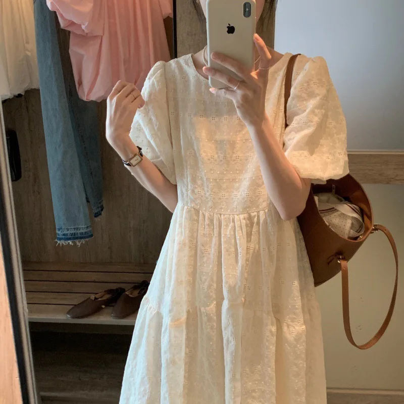 

Summer Color South Korea East Gate Hook Flower Design Round Neck Bubble Short Sleeve Elegant Elegant Mid Length Dress for Women