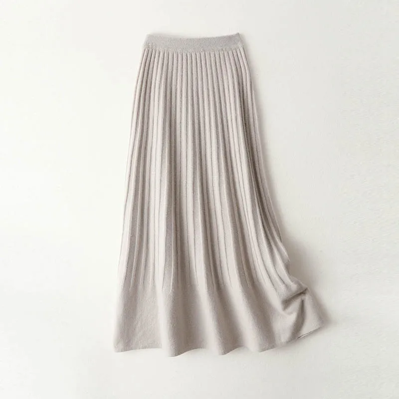 Women's 100% Pure Wool Skirt Autumn Winter Soild Mid-calf A-line Knitted Full Skirt High Waist Dress Elegant Basic High-end 1