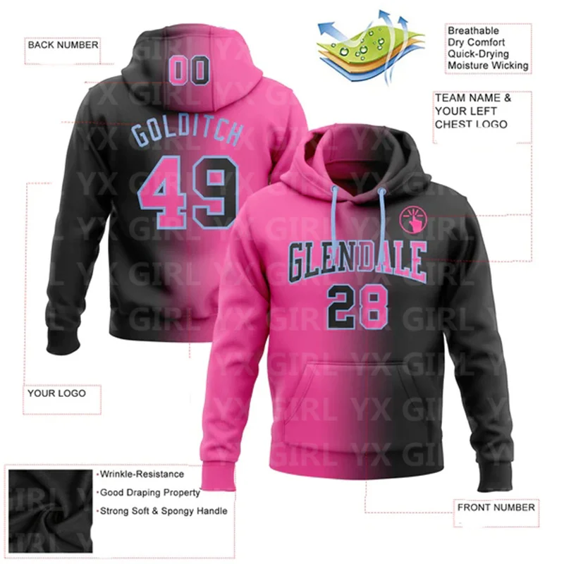 Custom Black Pink-Light Blue Gradient Fashion Sports Pullover Sweatshirt Hoodie 3D Printed Sports Pullover Sweatshirt Hoodie
