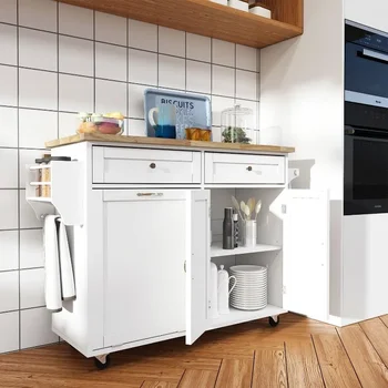 Rolling Kitchen Island with Drop Leaf - Kitchen Trash Cabinet Tilt Out 10 Gallon Storage, Storage Islands Movable Carts 3
