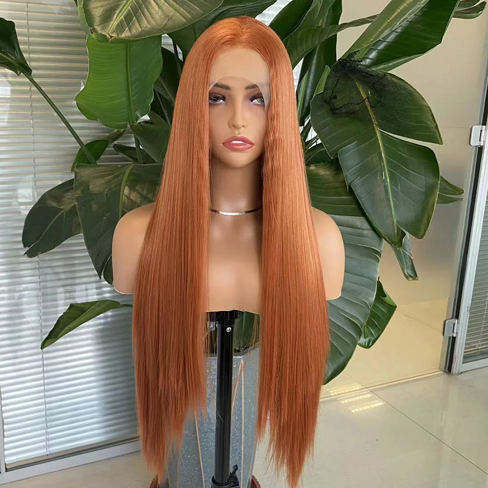 Ginger Long Straight Synthetic Lace Wig Auburn Orange Lace Front Wig For Women Long Silk Straight Daily Use Cosplay