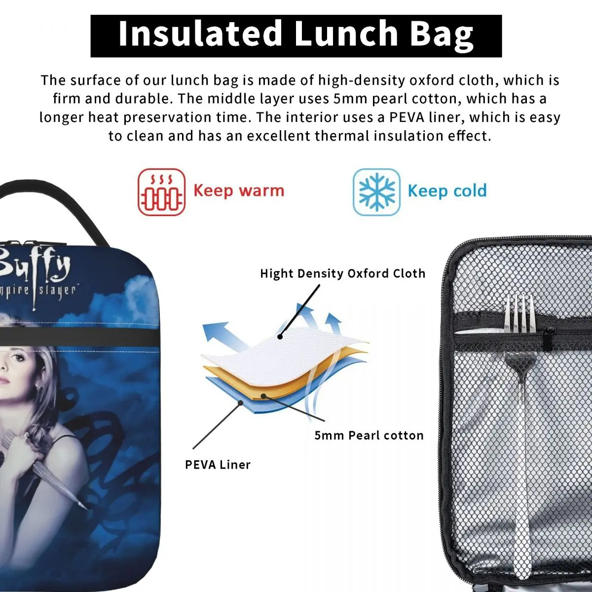 y The Vampires Slayer Merch Insulated Lunch Bag For Work TV Series Storage Food Boxes Portable Thermal Cooler Lunch Box