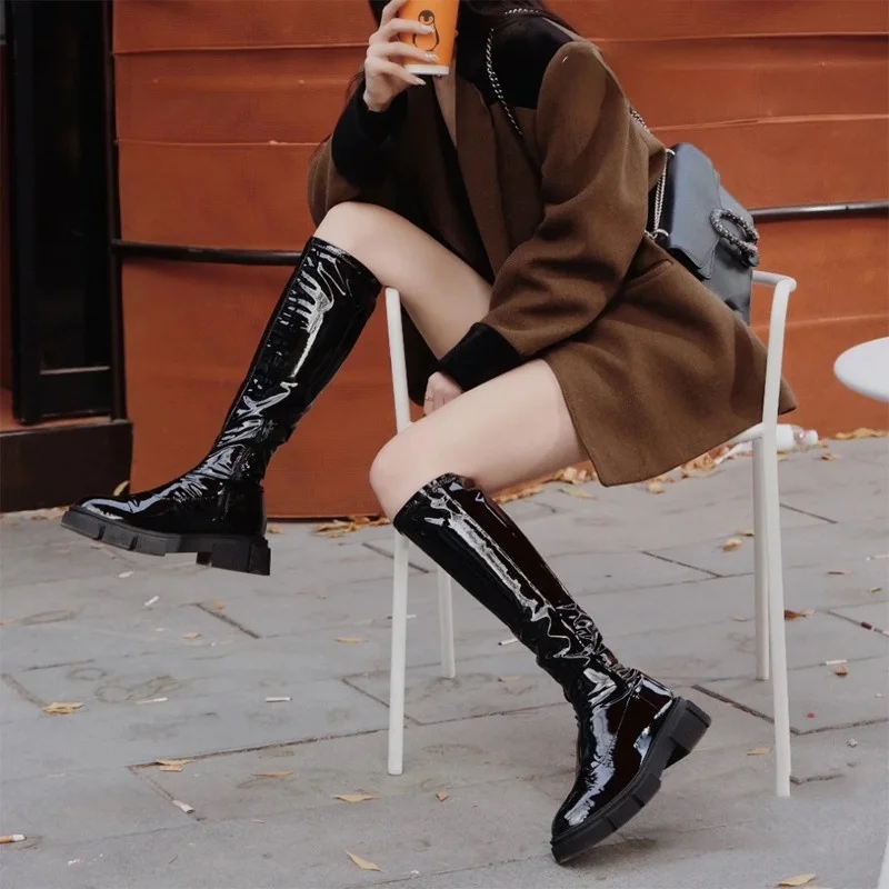

2022 New PU Leather Winter Fall Women Knee High Boots Thick Heel Zipper Women Long Boots Fashion Candy Colors Ladies Party Boots
