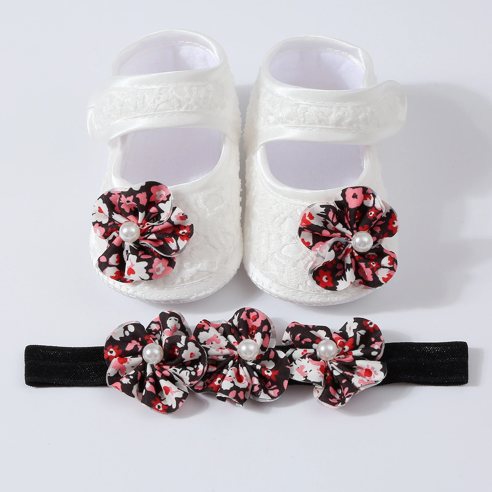 Newborn Baby Girl Flats Crib Shoes Cute Bead Flower Closed Toe Soft Sole Princess Shoes with Headband for Spring Fall