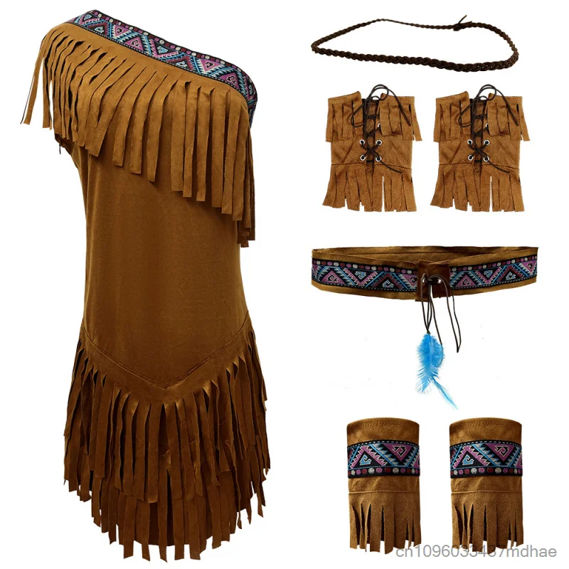 Abito con Frange Stile Nativo Americano, Monospalla con Cintura, Costume da Principessa per Donna, Outfit per Feste e Spettacoli - immagine 3