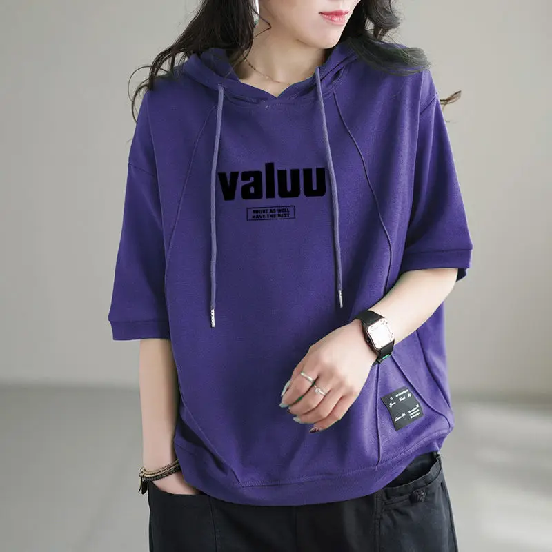 2024 New Summer Art Fashion Casual Loose Sports Oversized Versatile Letter Printed Short Sleeve Hooded Sweater for Women